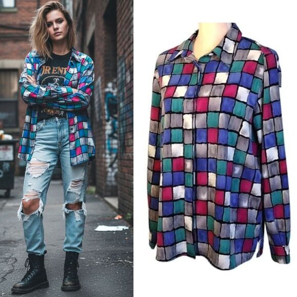 VTG 90s Colorful Colorblock Printed Button Down Satin Blouse Size 12 - Picture 3 of 15